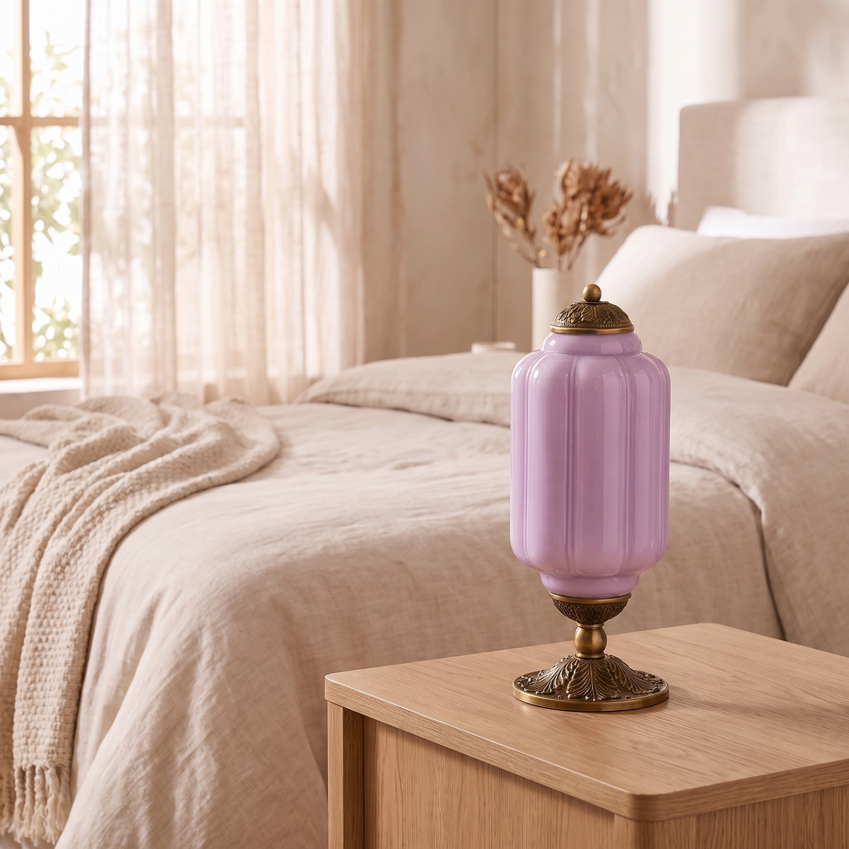 French Retro Cream Glass Table Lamp, Brass Base