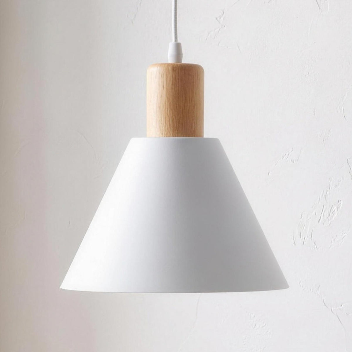 Kirsten pendant light, white iron cone shade with a wood collar