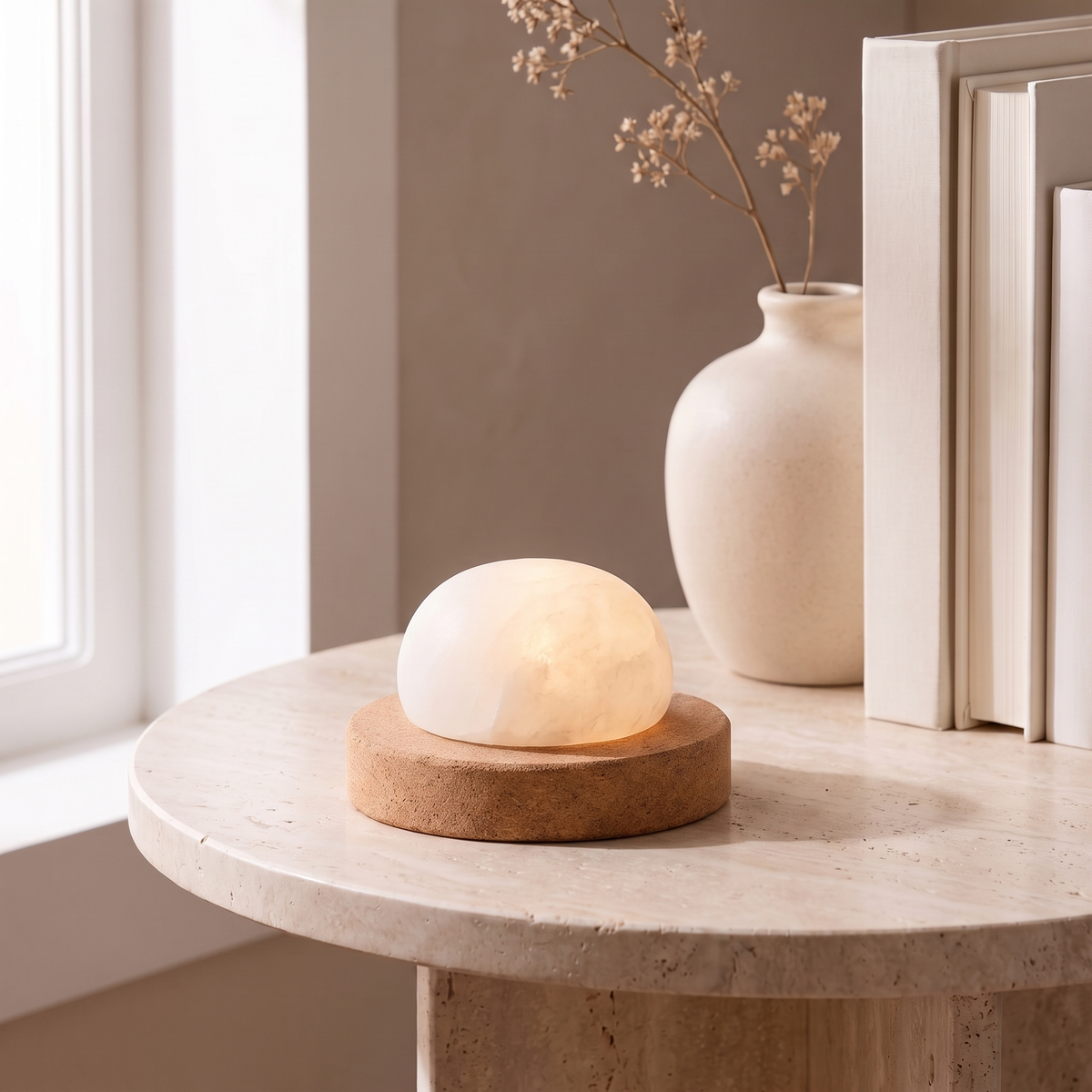 Kvist dome light in Alabaster on a travertine side table