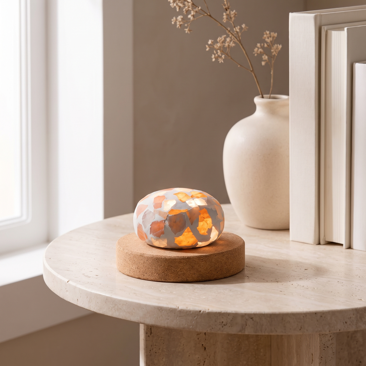 Kvist dome light in Terrazzo on a travertine side table