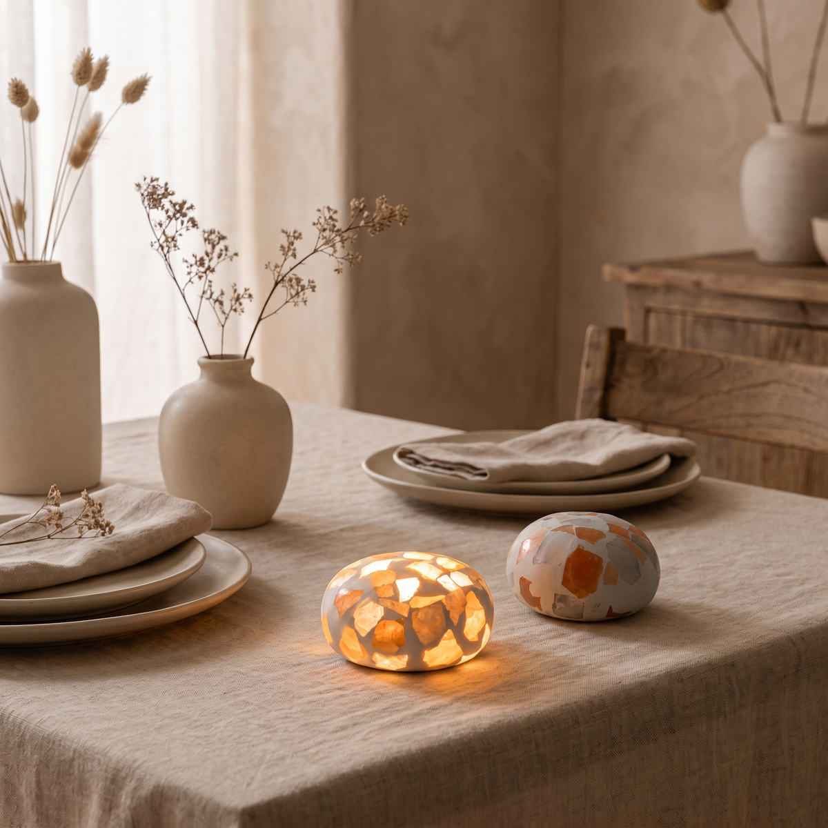 Two Kvist dome lights glowing on a dinner table