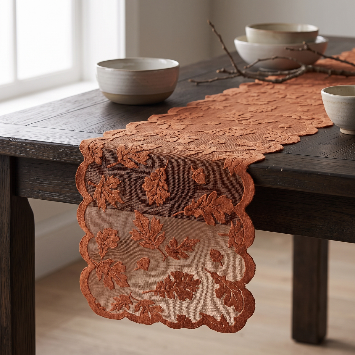 Close view of the lace maple leaves, oak leaves and acorns with the scalloped edge