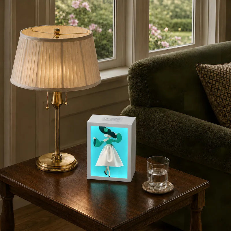 Lighted tissue box in Couture glowing beside a table lamp