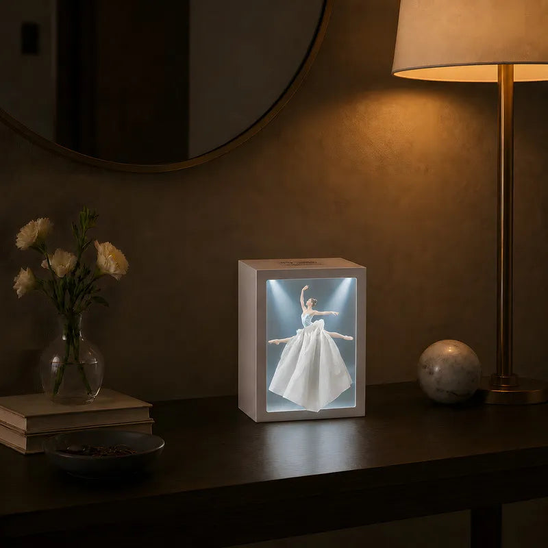 Lighted tissue box in Ballerina on a dark console