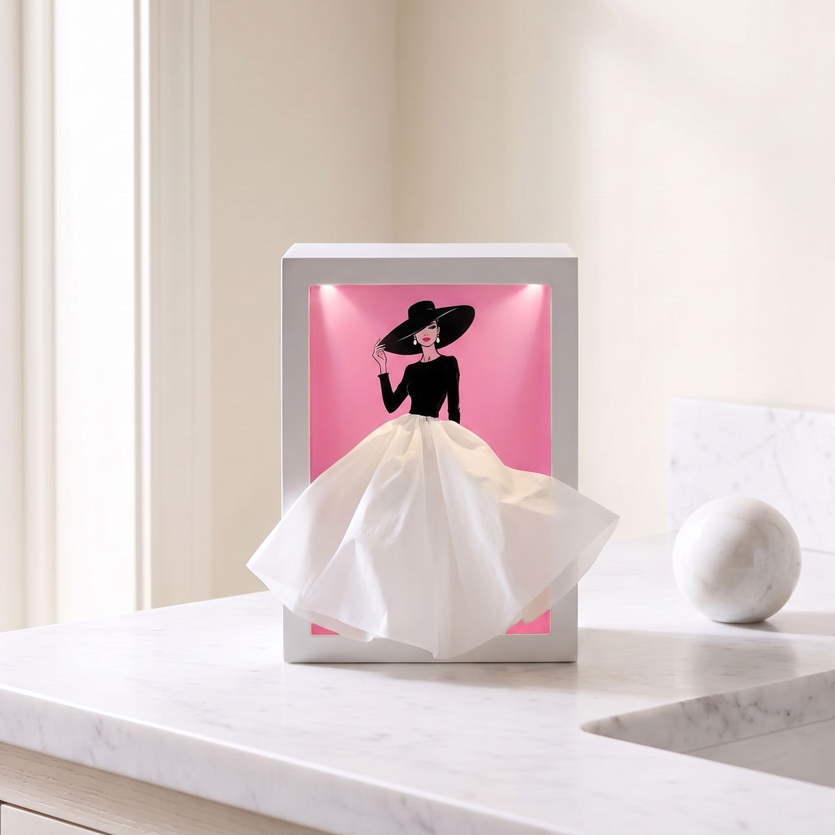 Lighted tissue box in Couture on a marble vanity