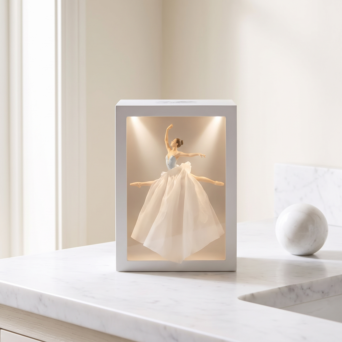 Lighted tissue box in Ballerina on a marble vanity
