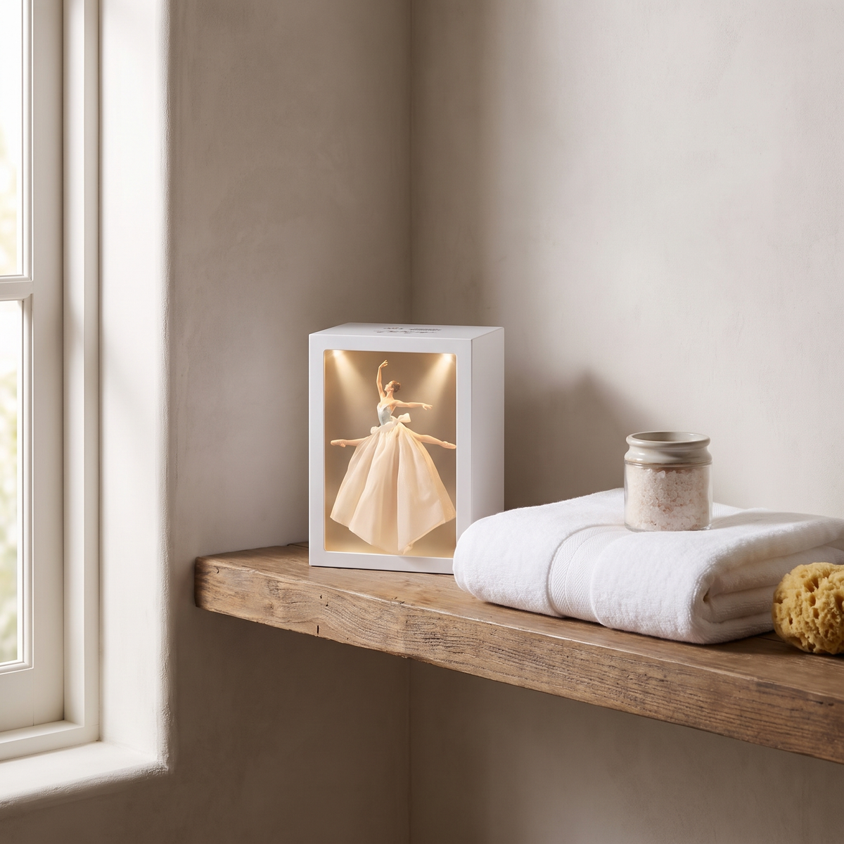 Lighted tissue box on a bathroom shelf beside a towel