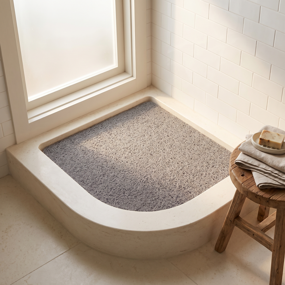 Gray loofah mat trimmed to fit a curved corner shower tray
