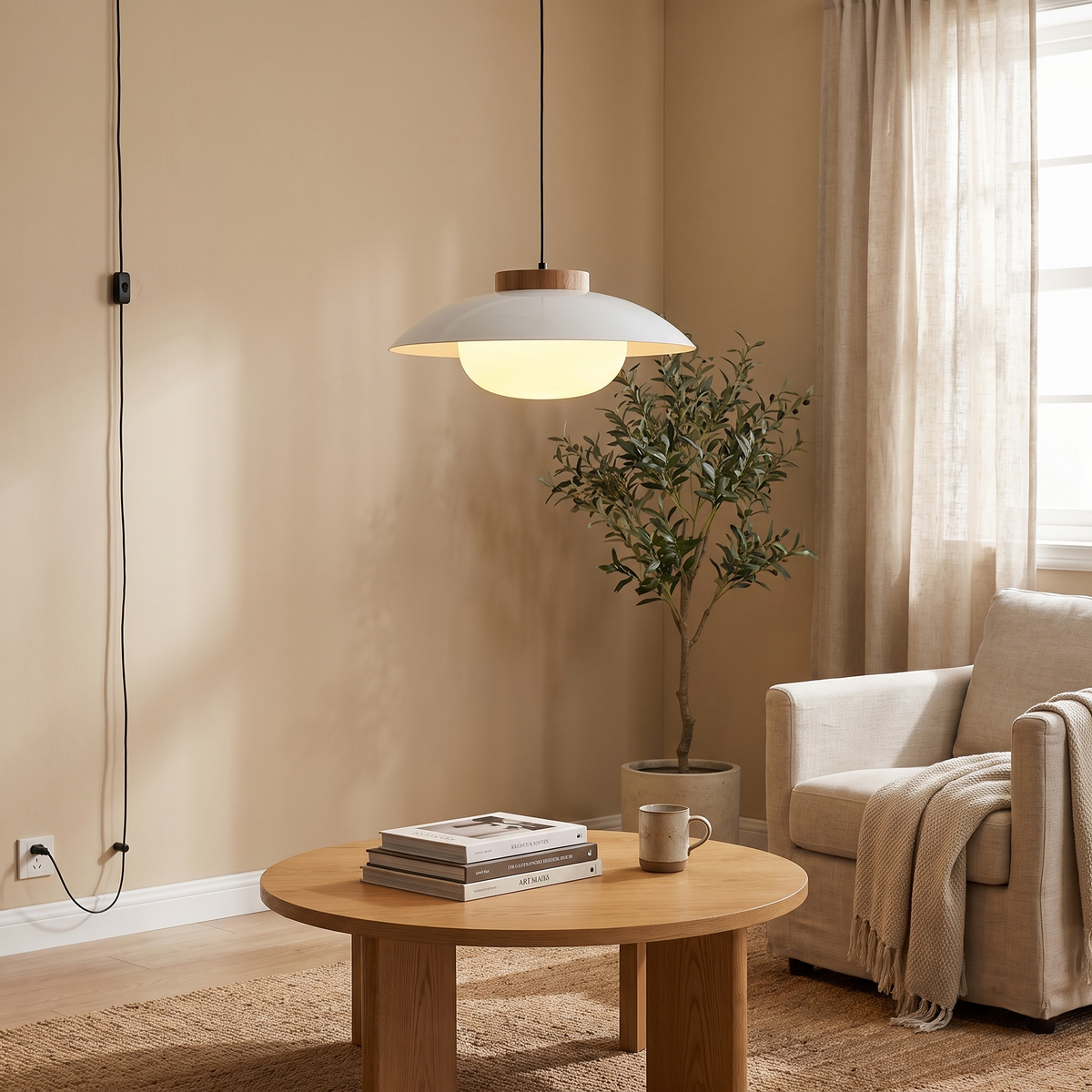 Lark Plug-In Pendant Lamp, Saucer, Wood Accent