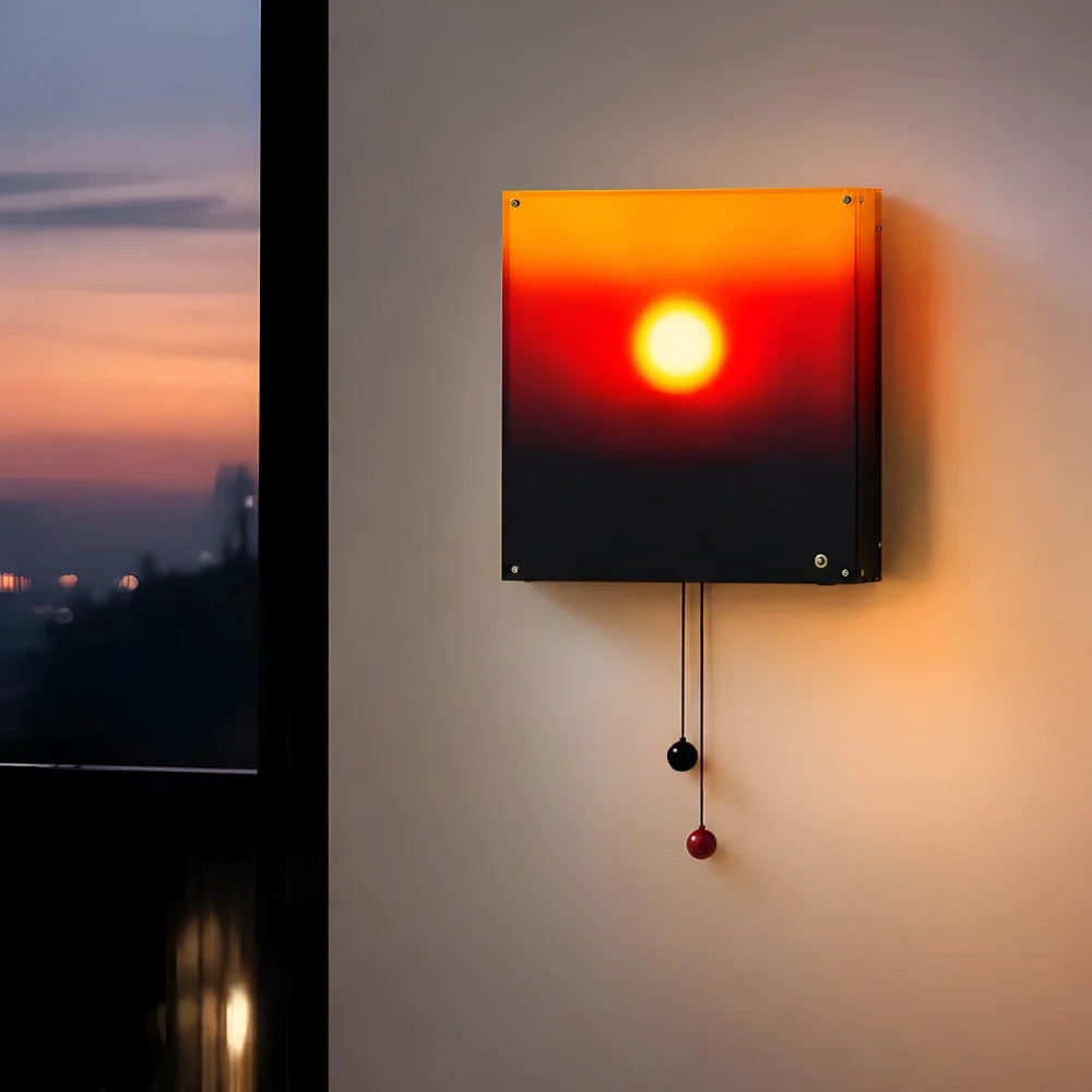 Lyng sunset wall light glowing beside a window at dusk