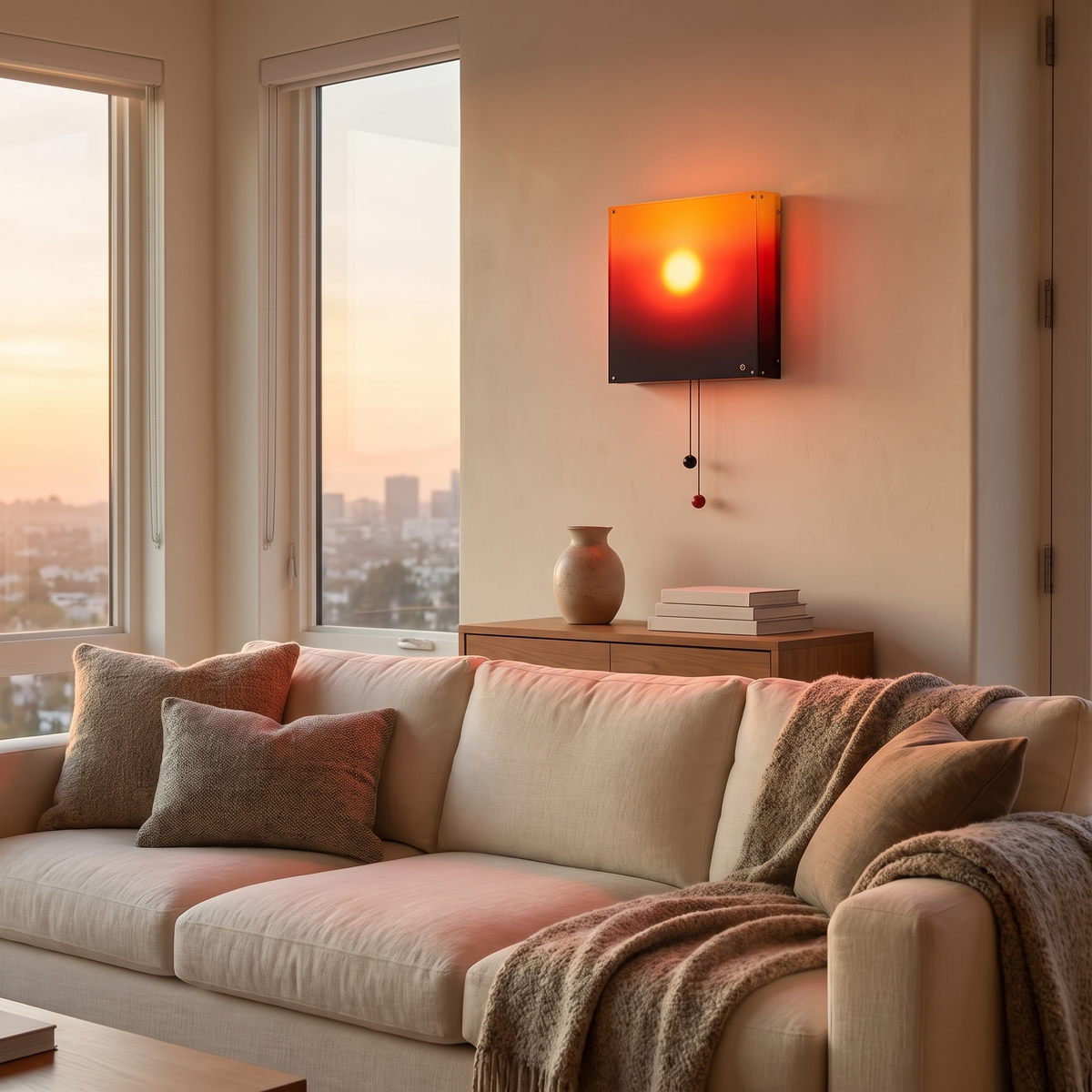 Lyng sunset wall light above a linen sofa