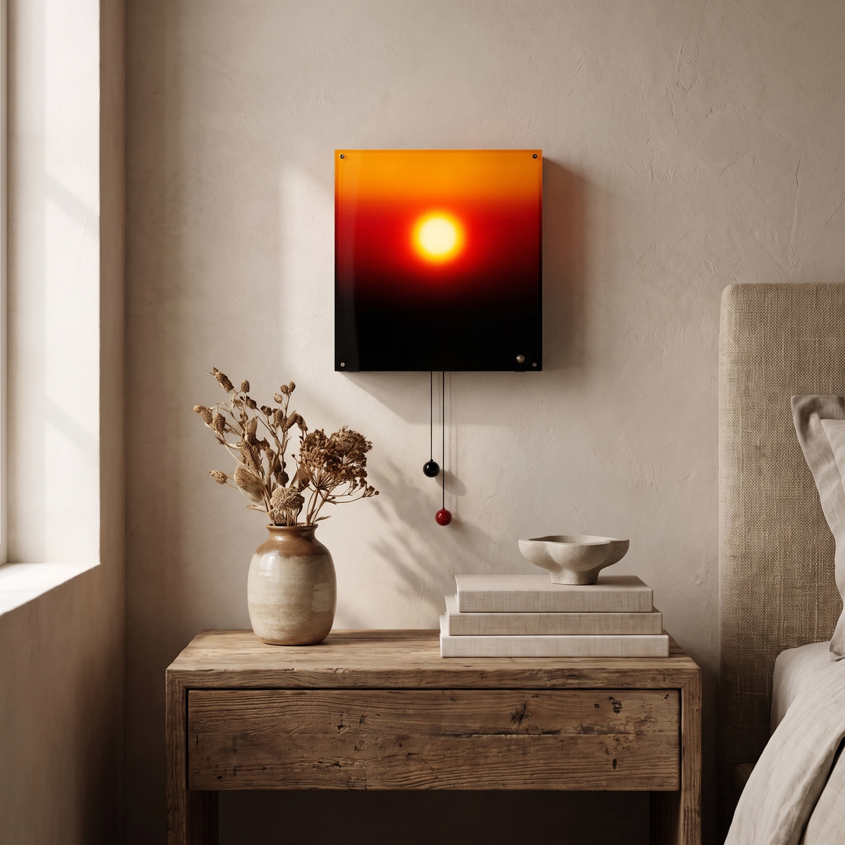 Pull cords with black and red beads below the Lyng wall light