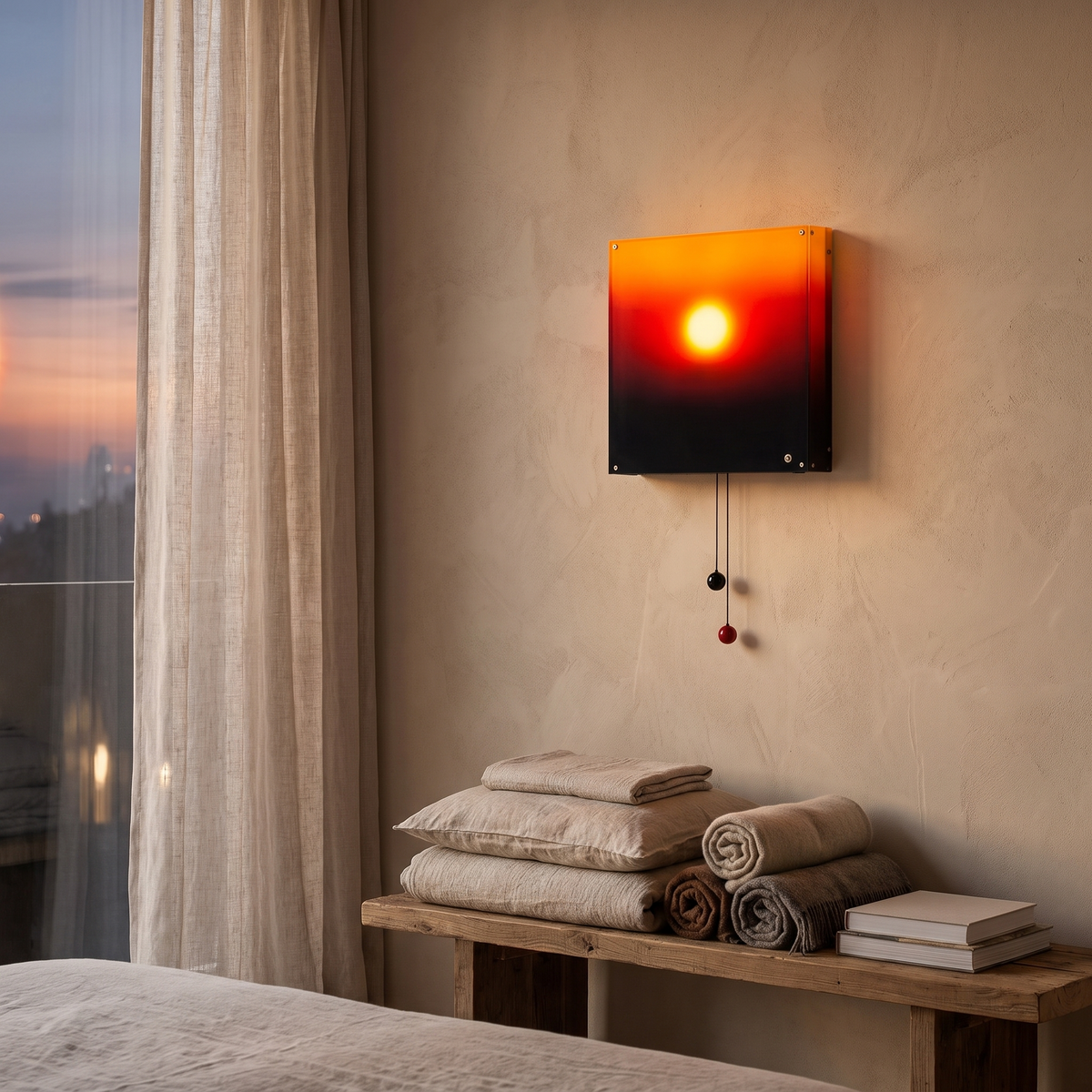 Lyng sunset wall light above a wood bench in a bedroom