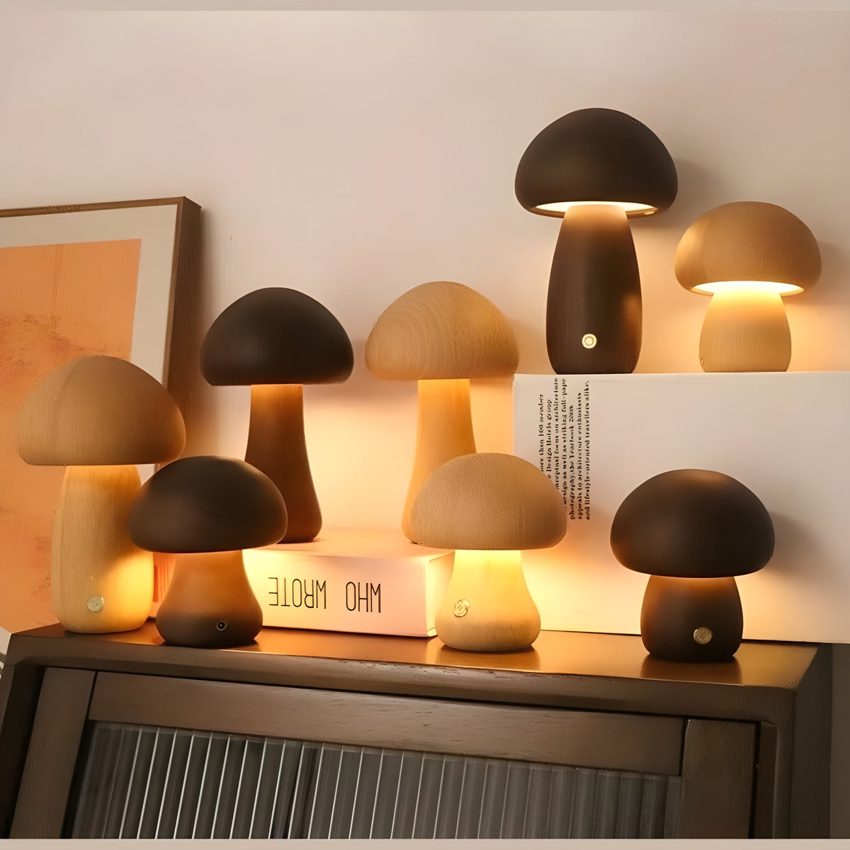 Maila mushroom table lamps in walnut and beech grouped on a sideboard