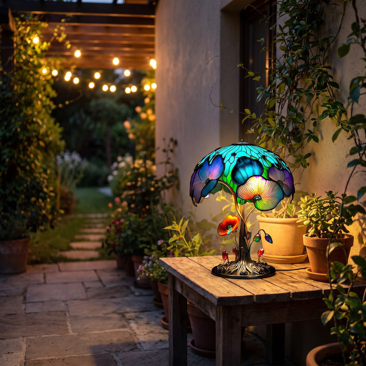 Flowering Majken mushroom lamp glowing on a garden table at night