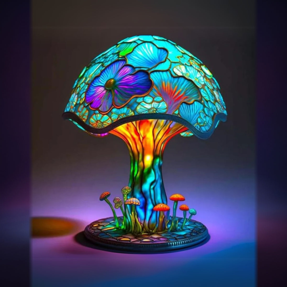 Small Colorful Mushroom Majken table lamp lit