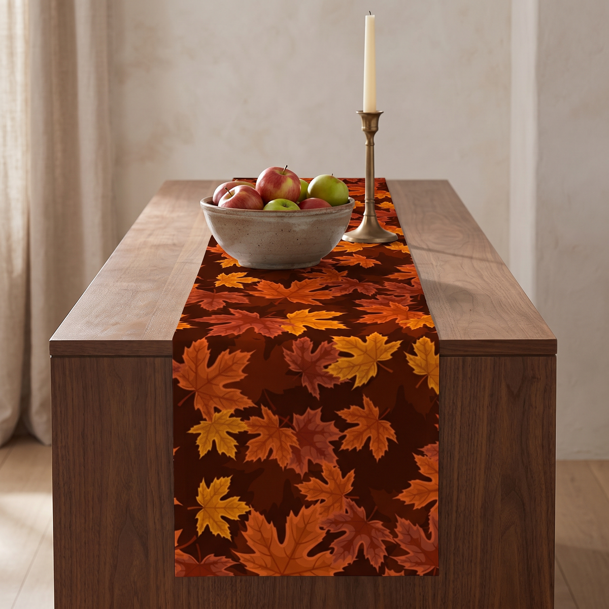 Maple leaf print runner on a walnut sideboard with a bowl of apples