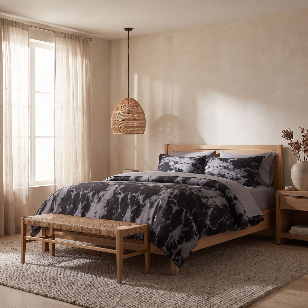 Black marble duvet cover on a bed in a calm oak bedroom