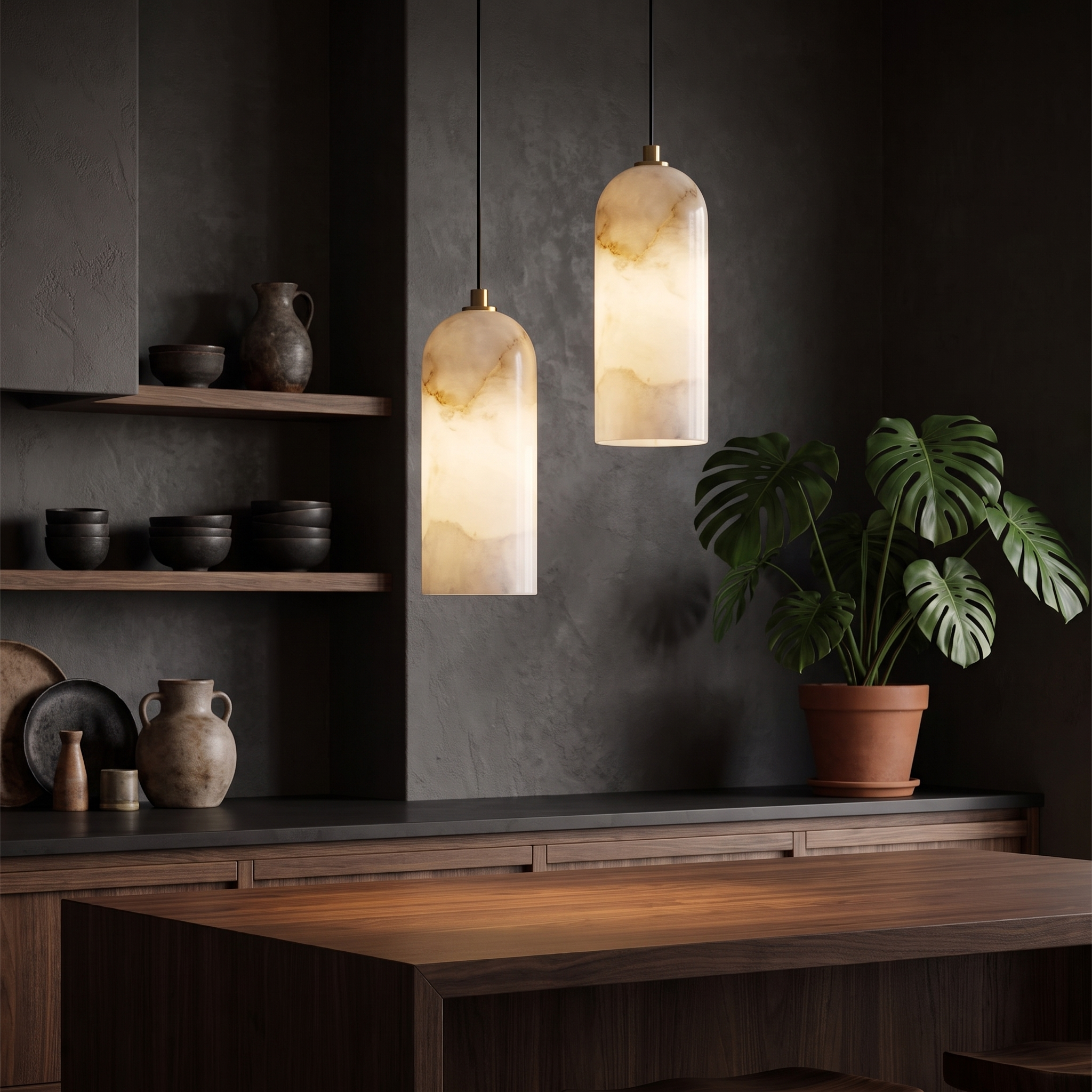 Mid-Century Marble and Copper Pendant Light, Adjustable Cord
