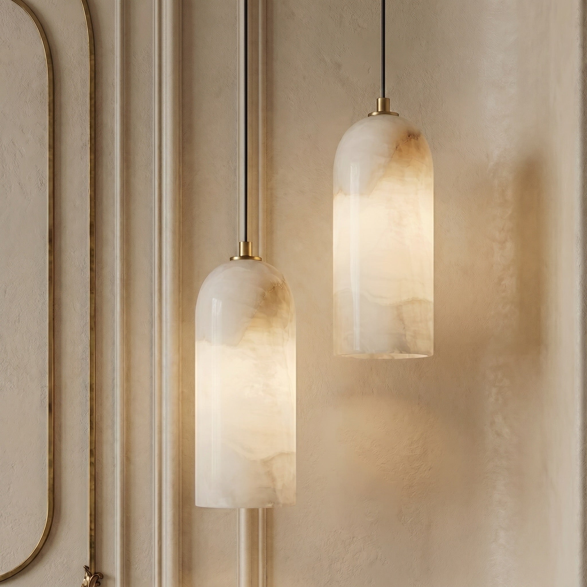 Mid-Century Marble and Copper Pendant Light, Adjustable Cord