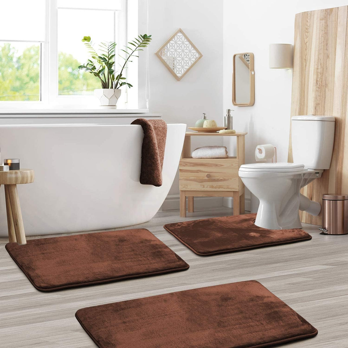 Brown bath mat set in a bathroom