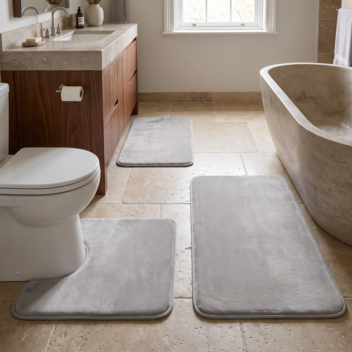 Light gray three piece memory foam bath mat set in a bathroom