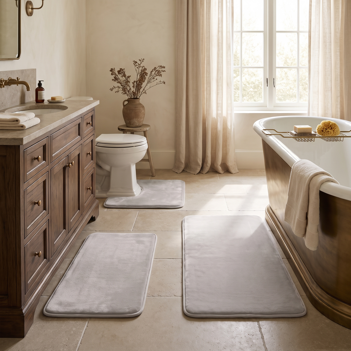 Light gray bath mat set at the tub, vanity and toilet