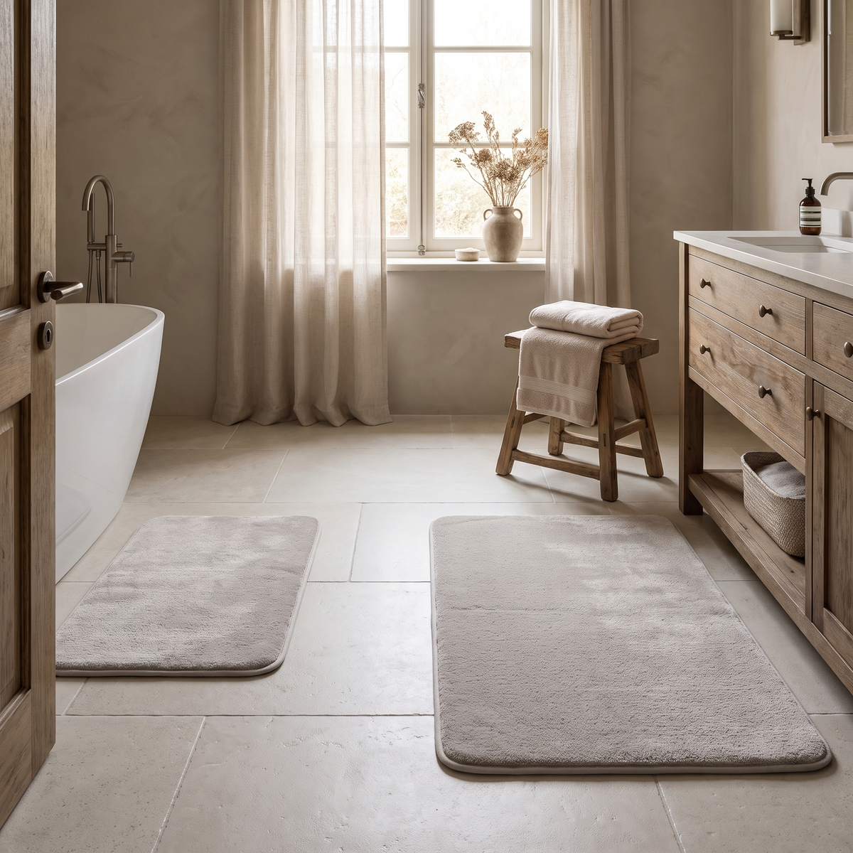 Light gray bath mats on a tile floor beside a folded towel