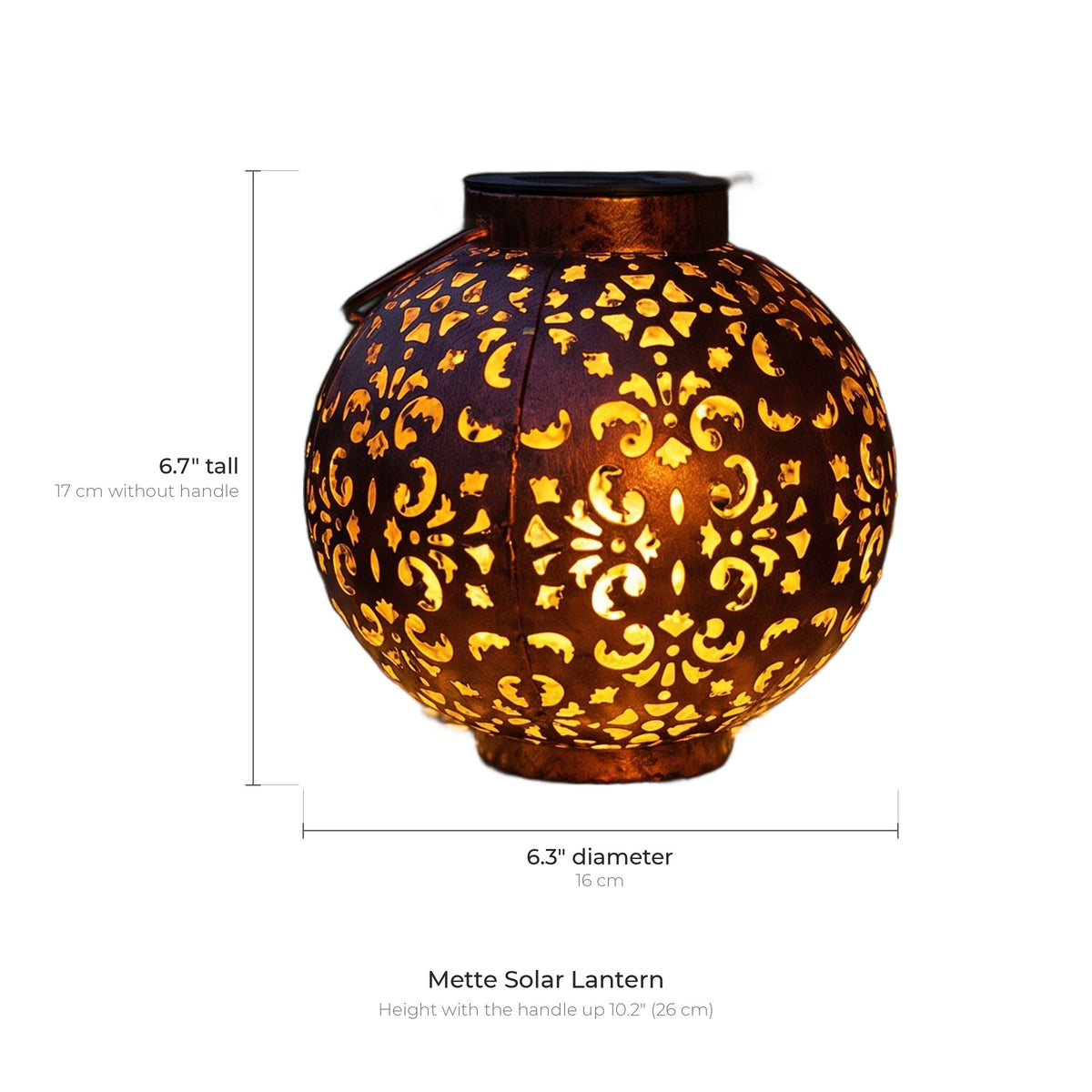 Mette solar lantern dimensions: 6.3 inches (16 cm) across, 6.7 inches (17 cm) tall without the handle