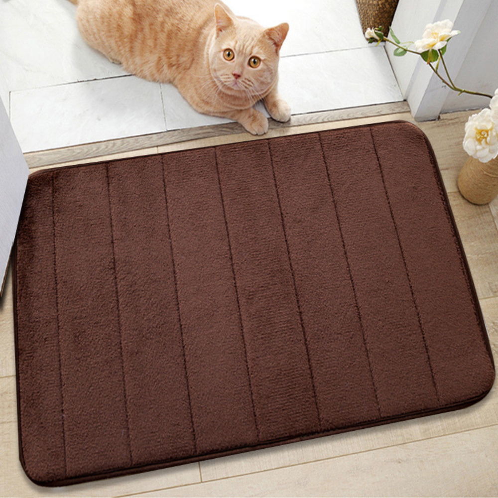 Brown microfiber bath mat with vertical ribs on a pale floor, a cat resting behind it