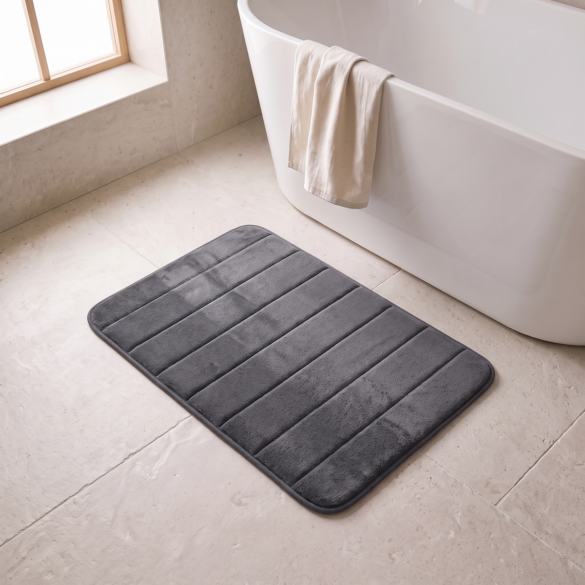 Microfiber bath mat in dark gray on a stone floor beside a bathtub