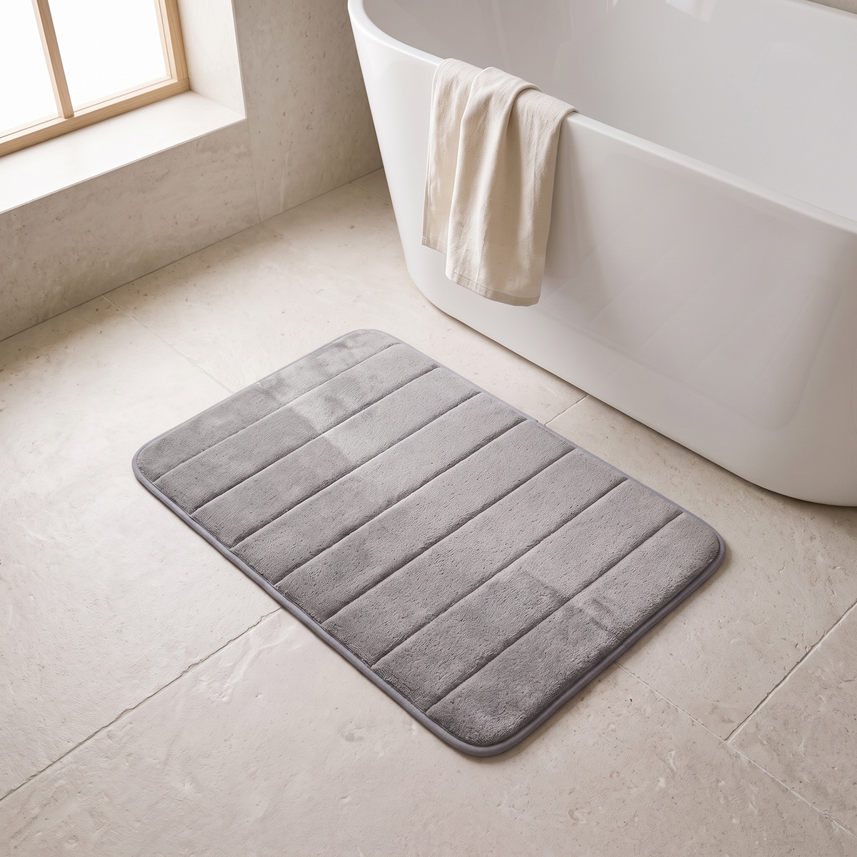Gray microfiber bath mat on a stone floor in front of a bathtub