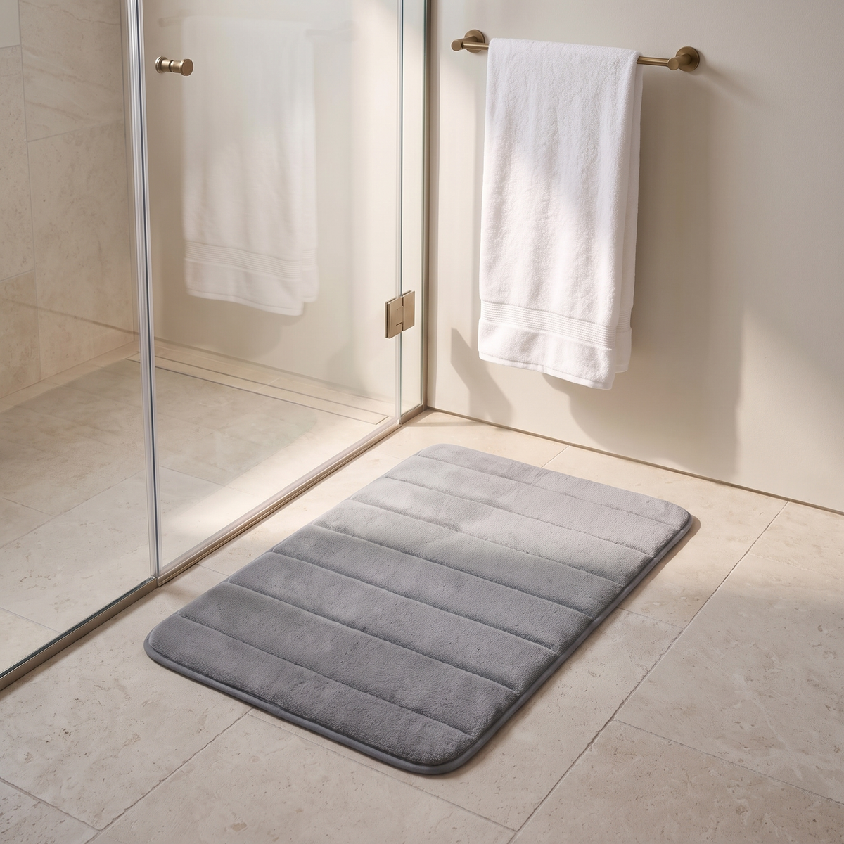 Gray microfiber bath mat on a tile floor in front of a glass shower