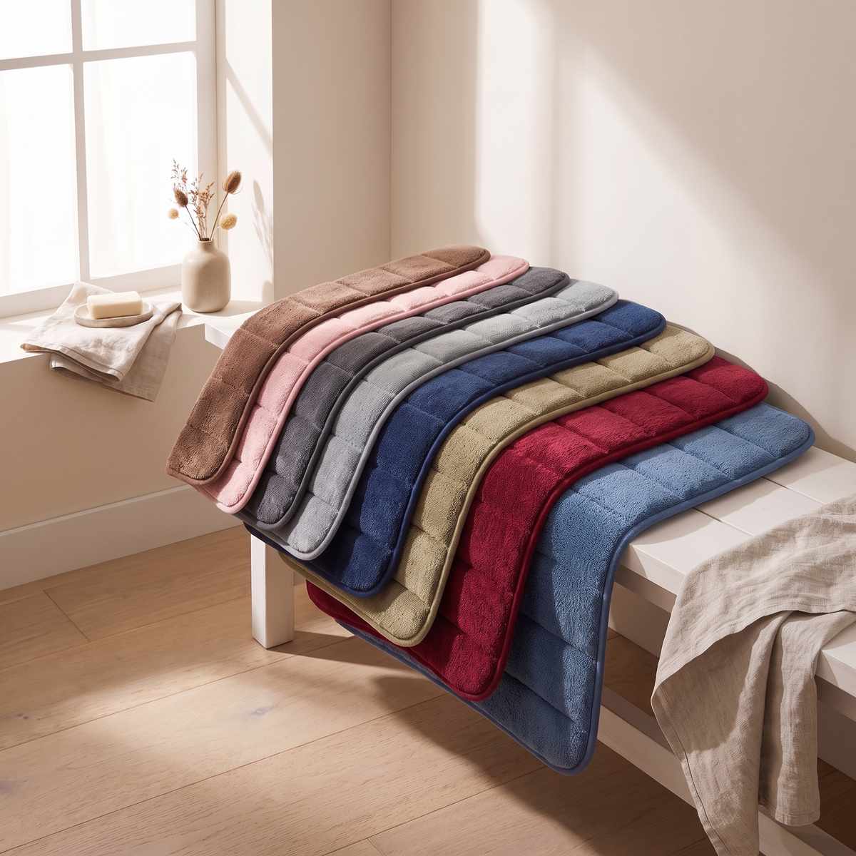 Microfiber bath mats in eight colors fanned on a white bench