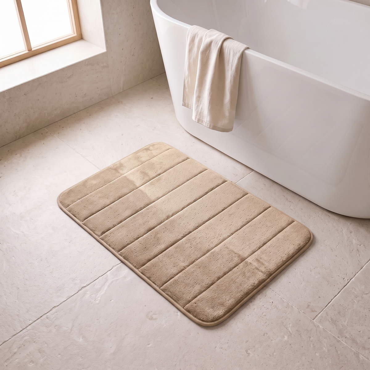 Microfiber bath mat in khaki on a stone floor beside a bathtub