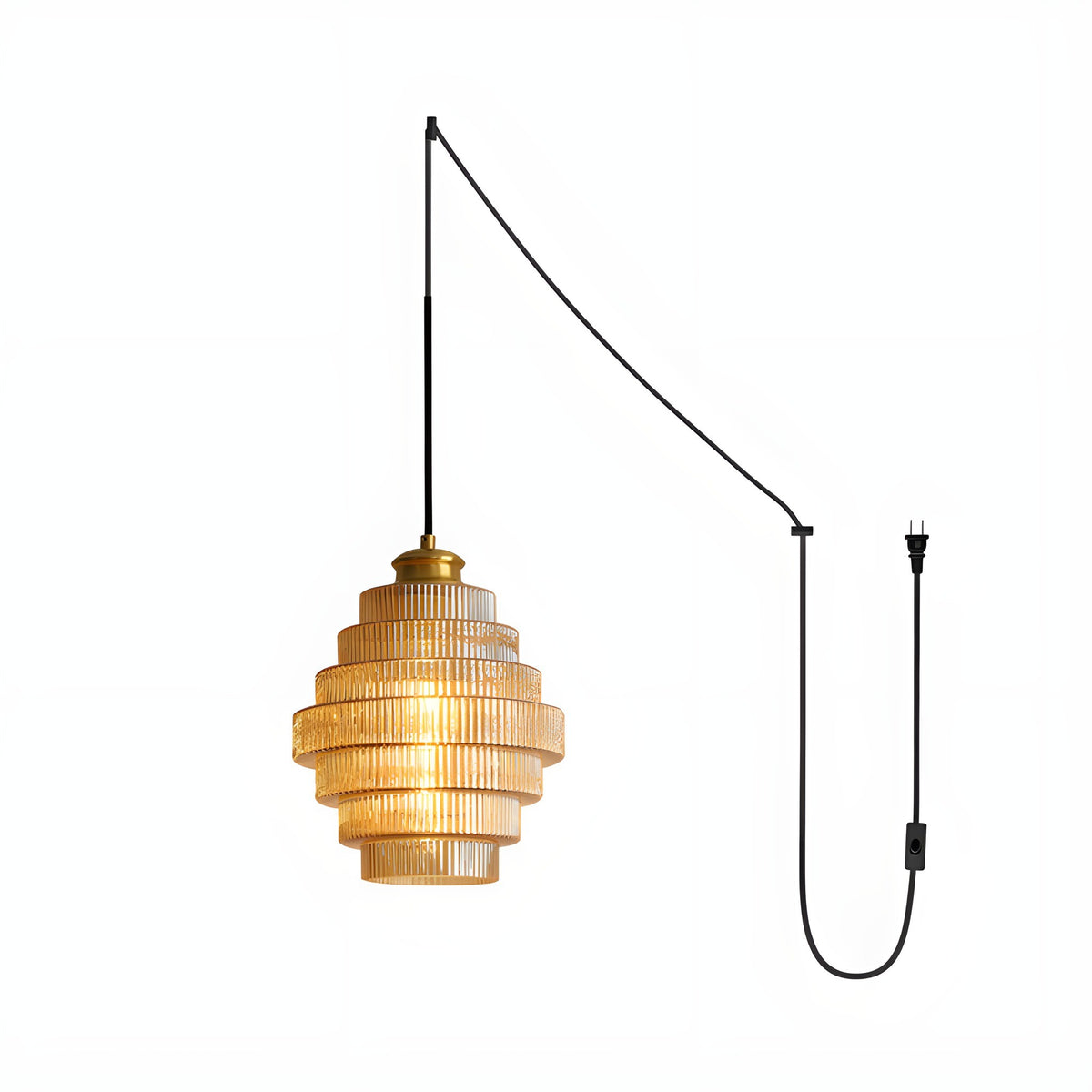 Minna plug in pendant light in amber with its long cord and plug