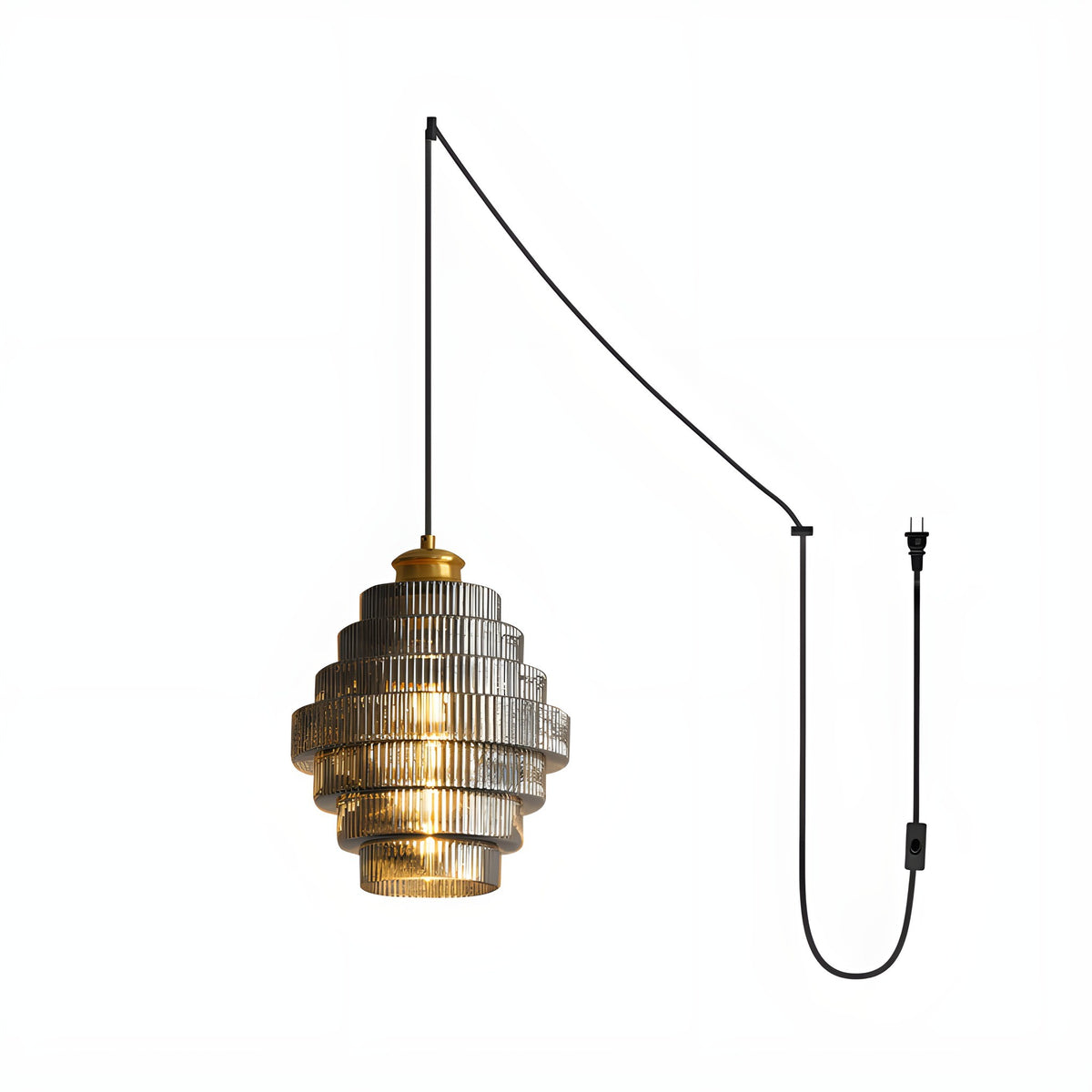 Minna plug in pendant light in smoke gray with its long cord and plug