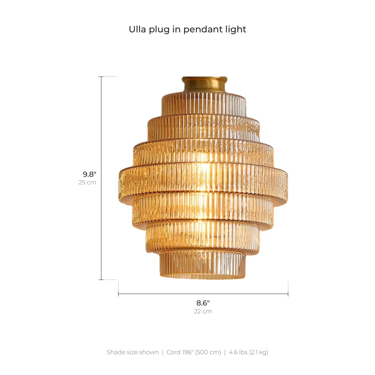 Minna pendant light dimensions drawn with inches and centimeters