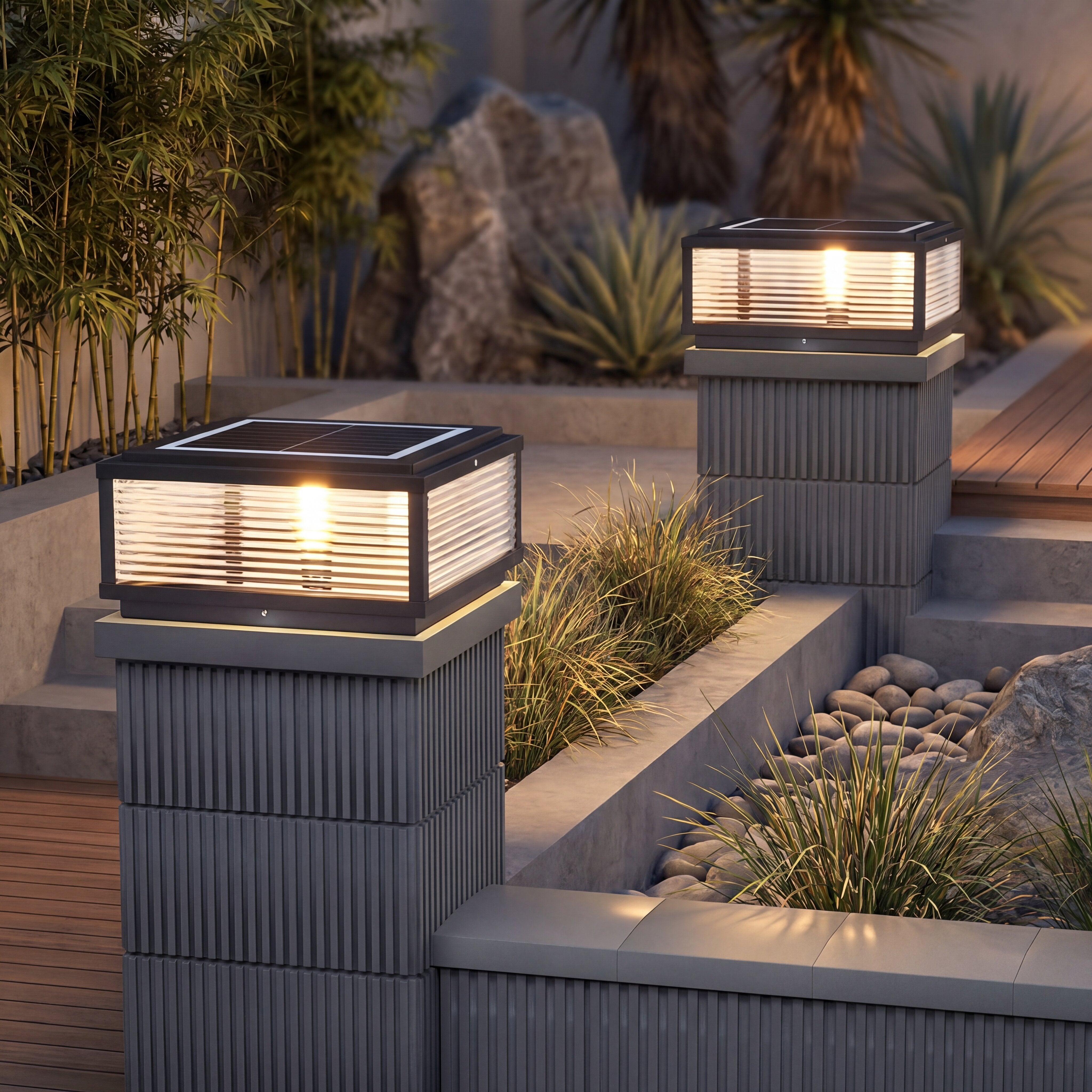 Square Pillar Light, Ribbed Glass, Aluminum Body for Outdoor