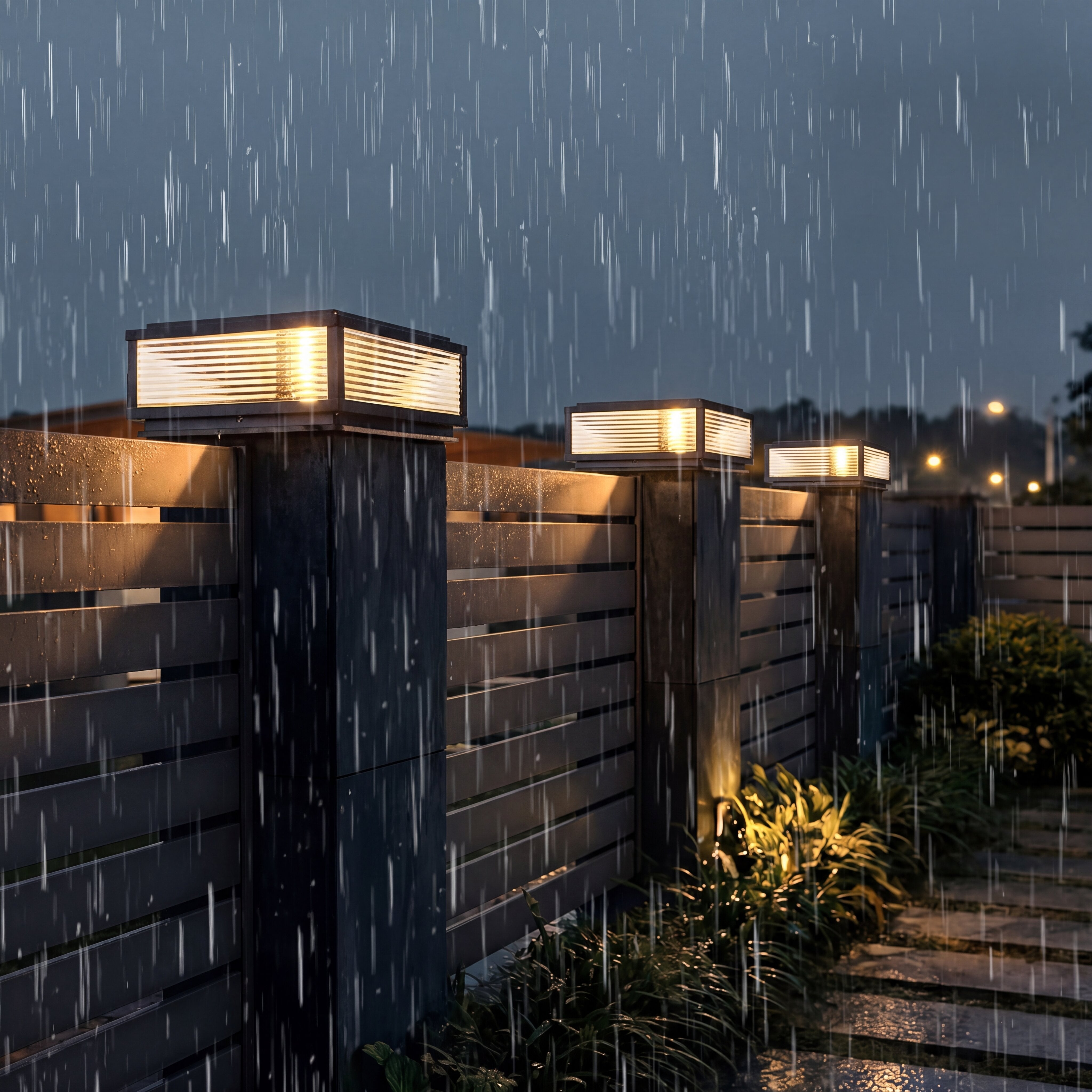 Square Pillar Light, Ribbed Glass, Aluminum Body for Outdoor