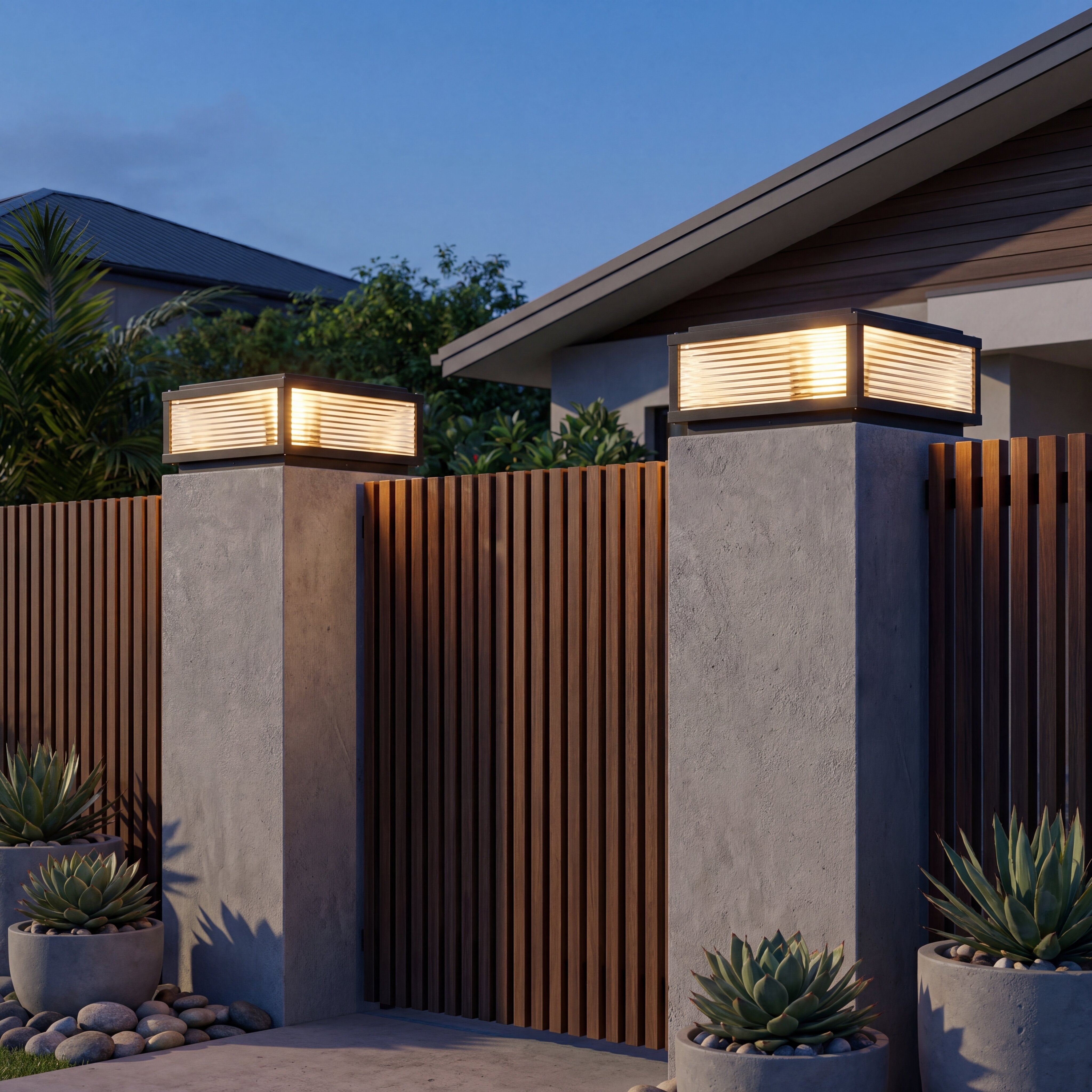 Square Pillar Light, Ribbed Glass, Aluminum Body for Outdoor