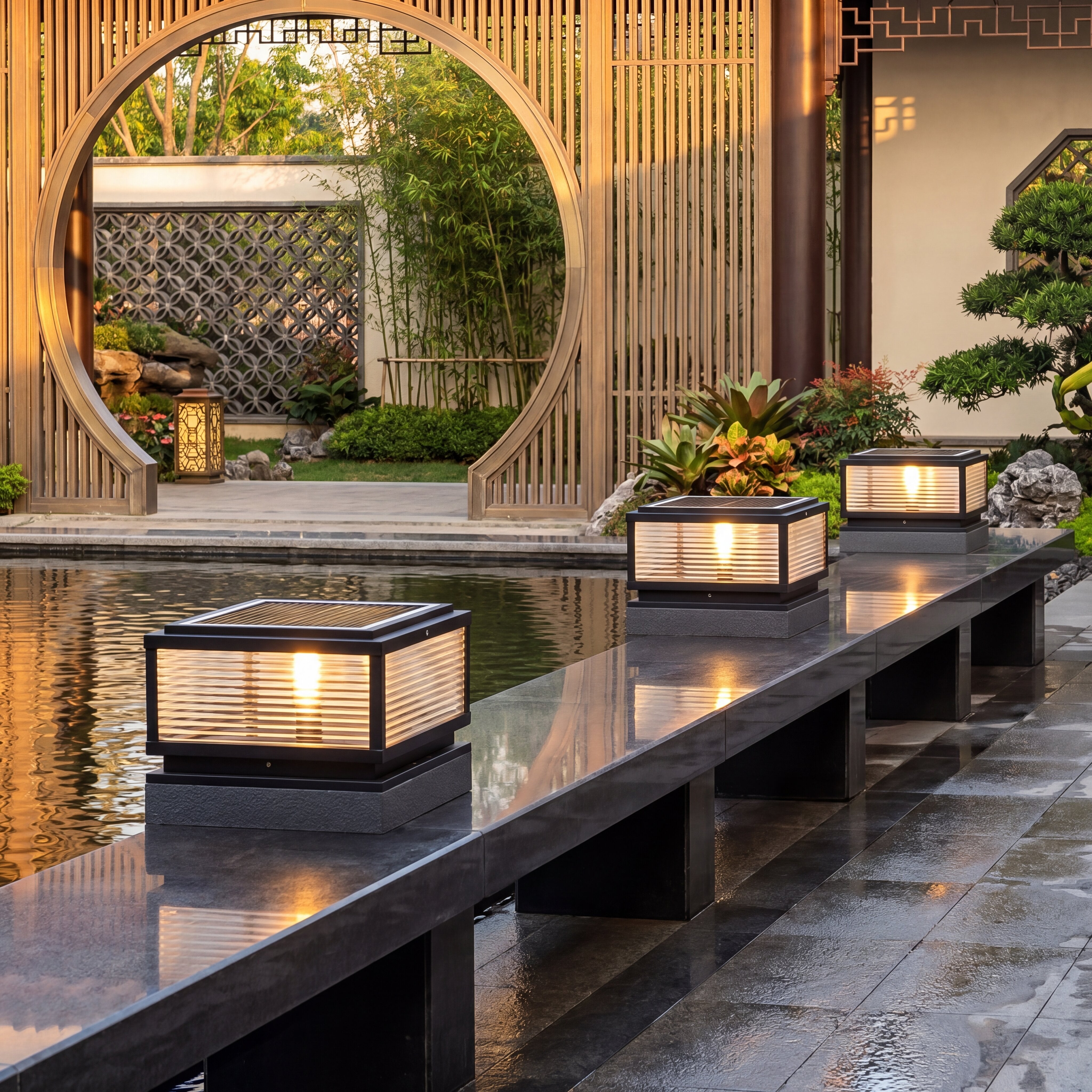 Square Pillar Light, Ribbed Glass, Aluminum Body for Outdoor