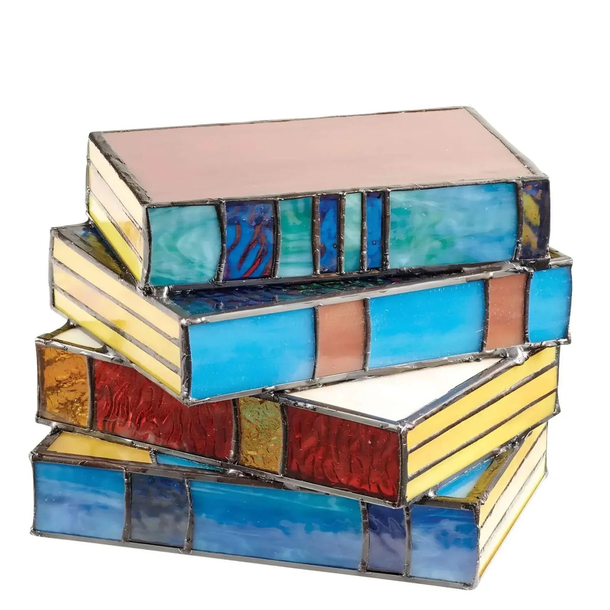 Stained glass book stack lamp unlit, showing the blue and amber panes