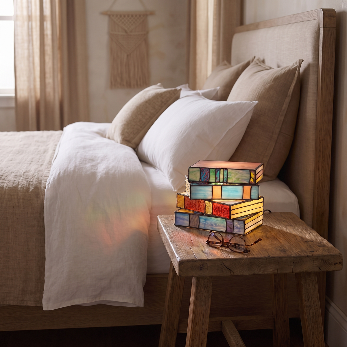 Molde stained glass book lamp on a nightstand beside a bed