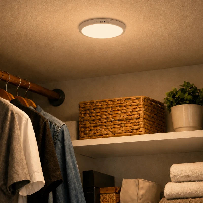 Motion light on a closet ceiling above hanging clothes