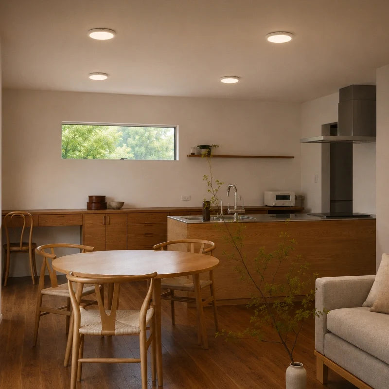 Motion lights on a kitchen and dining room ceiling