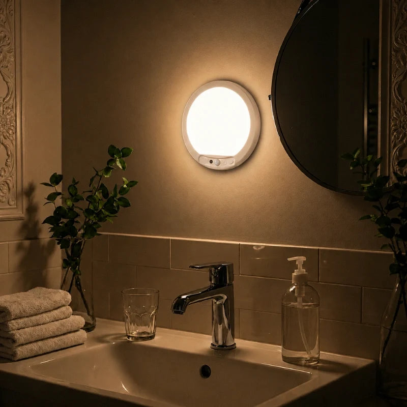 Motion light mounted on a bathroom wall beside a mirror