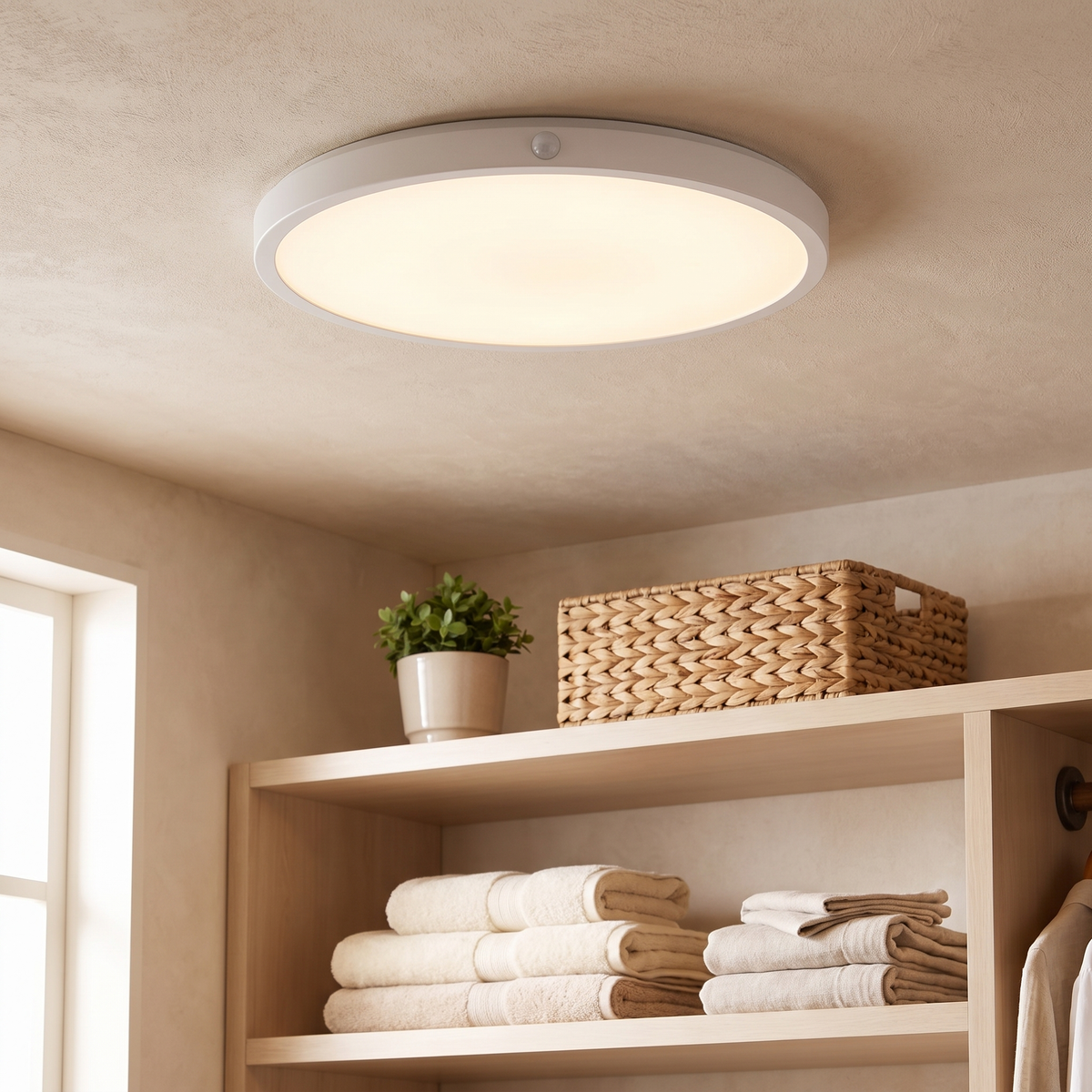 Motion sensor ceiling light glowing on a closet ceiling above folded linens