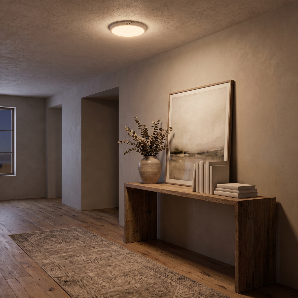 Motion sensor light glowing on a hallway ceiling