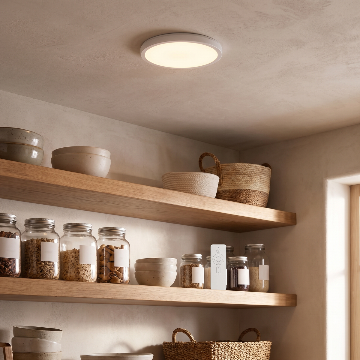 Motion sensor light on a pantry ceiling above open shelves